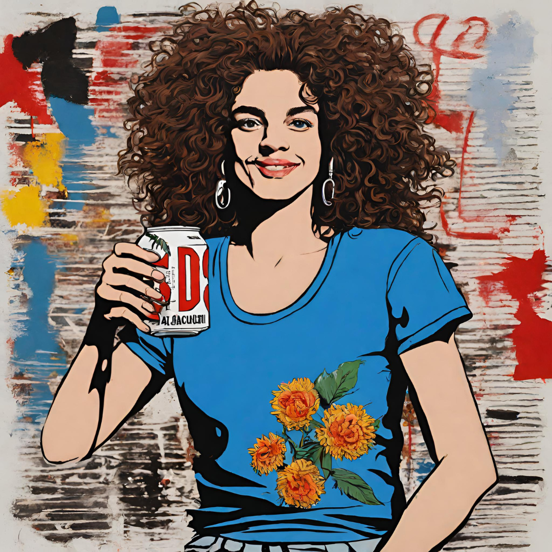 image of girl holding flowers and a soda